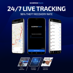 ScorpionTrack app interface on smartphones with key features highlighted on a blue background.