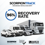 Promotional graphic for Scorpion Track vehicle security with recovery rate and brand logos.