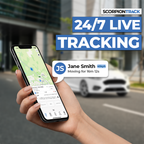 Hand holding a smartphone with a tracking app displaying '24/7 Live Tracking' and 'ScorpionTrack' branding.