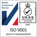 ISO 9001 quality management certification logo with British Assessment Bureau and UKAS logos.