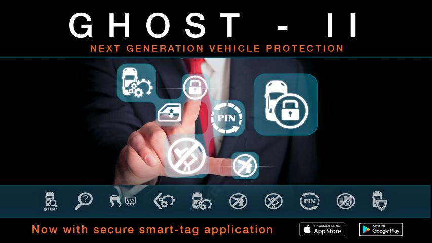 Advertisement for 'Ghost II' vehicle protection system with a person interacting with digital icons.