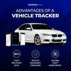 Advertisement for ScorpionTrack vehicle tracker with a white car and smartphone screens on a blue background. Explaining the benefits of a vehicle tracker.
