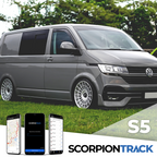 Gray Volkswagen van on a road with ScorpionTrack app interface displayed on phones.