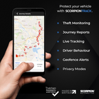 Hand holding a smartphone displaying a map with tracking features, promoting ScorpionTrack vehicle security system.