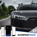 Car on a road with ScorpionTrack app interface displayed on smartphones, featuring the ScorpionTrack logo.